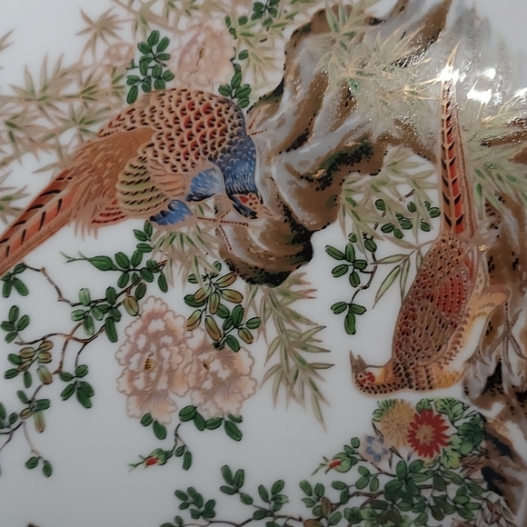 Pheasants Oval Vase 7.5in.Hx7.5 in.W,Multi,Gold Trim on Rim&throughout scene - Picture 2 of 8